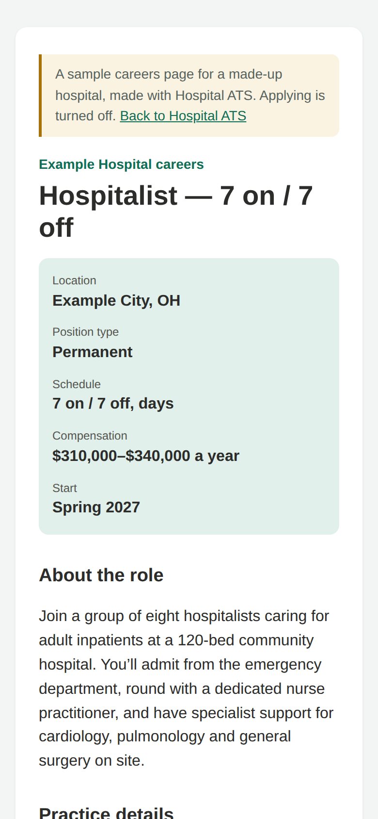 A job on a sample careers page, on a phone