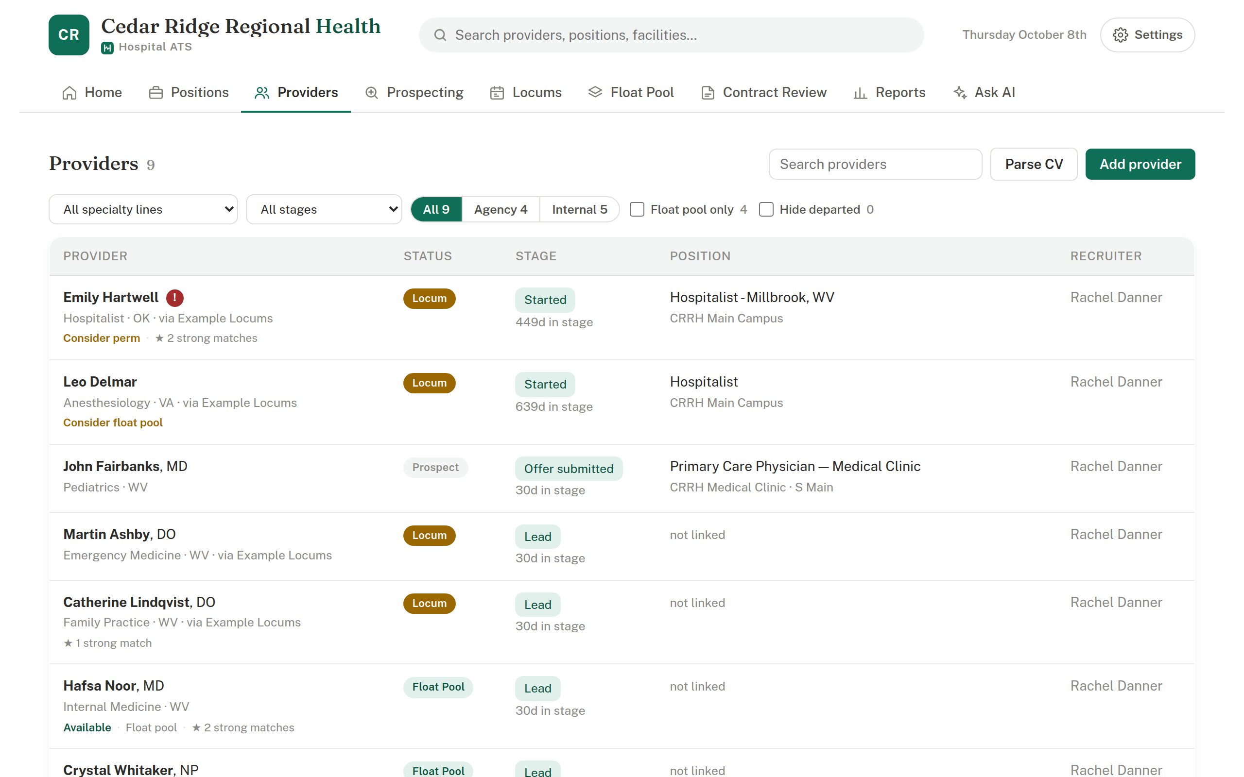 Provider list with stages and positions